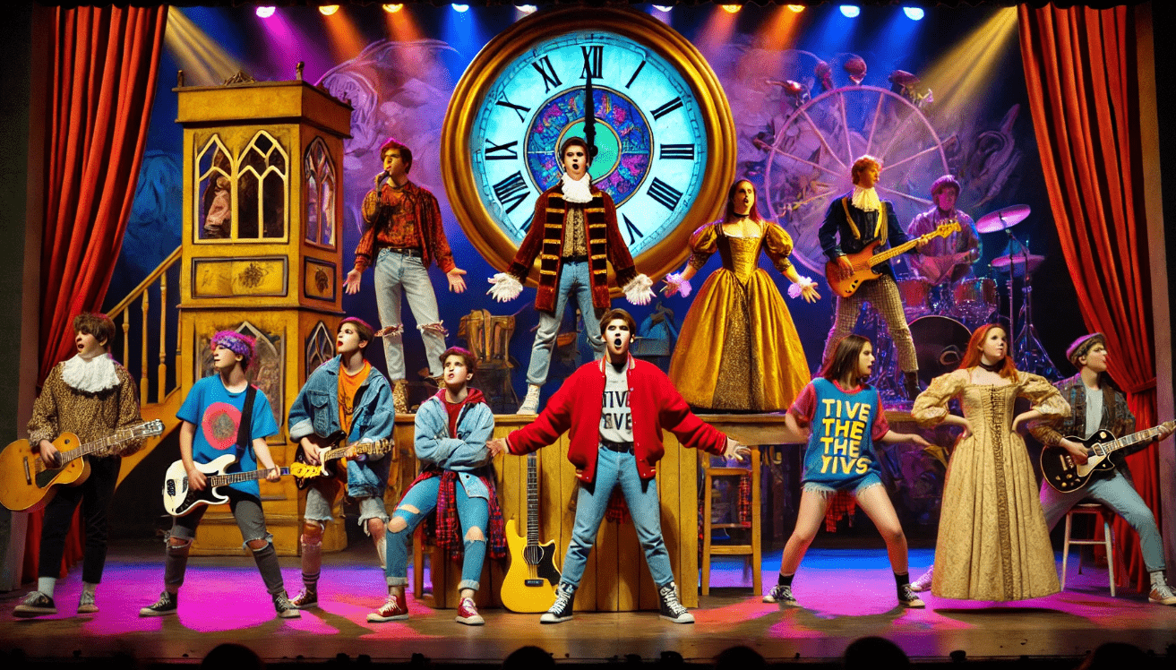 Students performing a modern musical adaptation of Hamlet with colorful costumes and dynamic lighting.