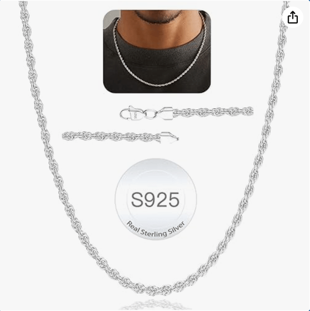 Avotto 925 Sterling Silver Solid 2.5mm 3mm 4mm Rope Chain Necklace for Men Boys, Sturdy Non-Fading Mens Boys Silver Chain Necklace Jewelry Christmas Gifts for Him 14/16/18/20/22/24 Inch
