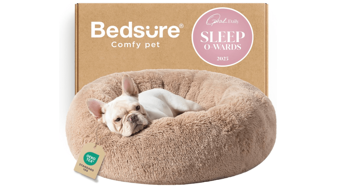 Bedsure Calming Dog Bed Medium Size Dog - Donut Washable Medium Pet Bed, 30 inches Anti-Slip Round Fluffy Plush Faux Fur Cat Bed, Fits up to 45 lbs Pets, Camel