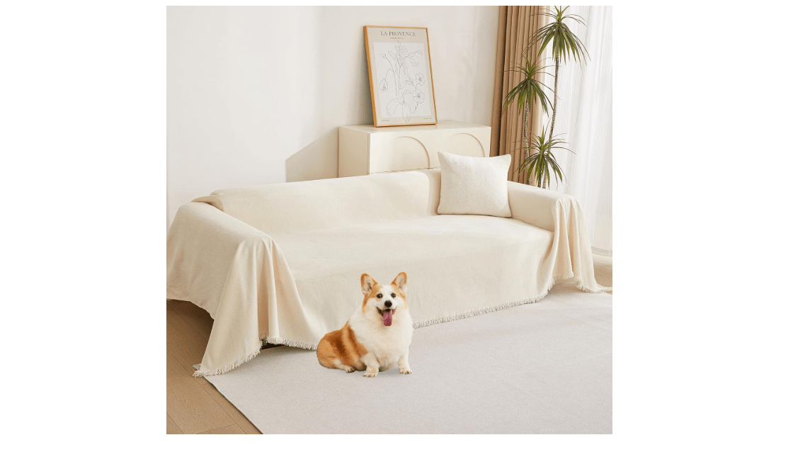 MYSKY HOME Boho Couch Cover Beige Sofa Covers with White Tassel Farmhouse Sofa Slipcover Simple Couch Protector for Dogs Chenille Sectional Couch Covers L... 
