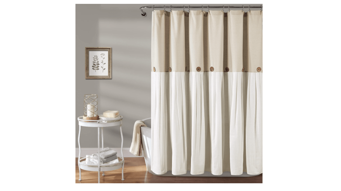 Lush Decor Linen Button Shower Curtain, 72" W x 72" L, Linen - Neural Shower Curtain Fabric - Bathroom Curtain - Farmhouse Bathroom Decor
