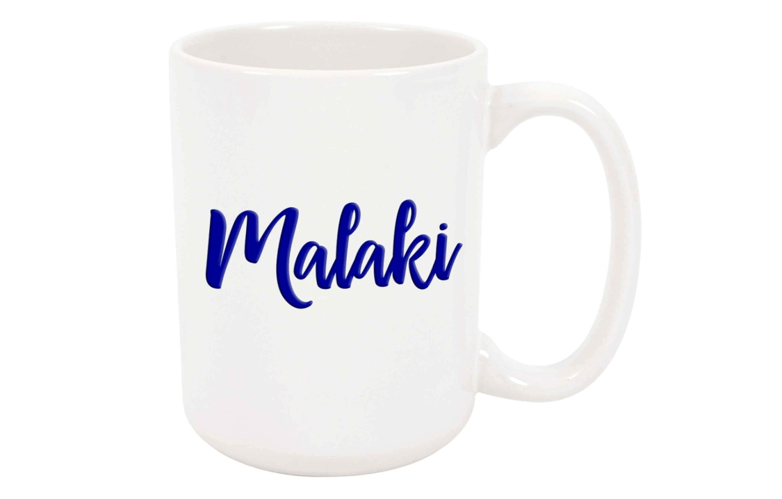 Malaki Coffee Mug - Personalized Ceramic Cup with Name, Custom Mug, Customized Birthday/Christmas Gift, Holiday Present, Blue Text, 11 Oz 