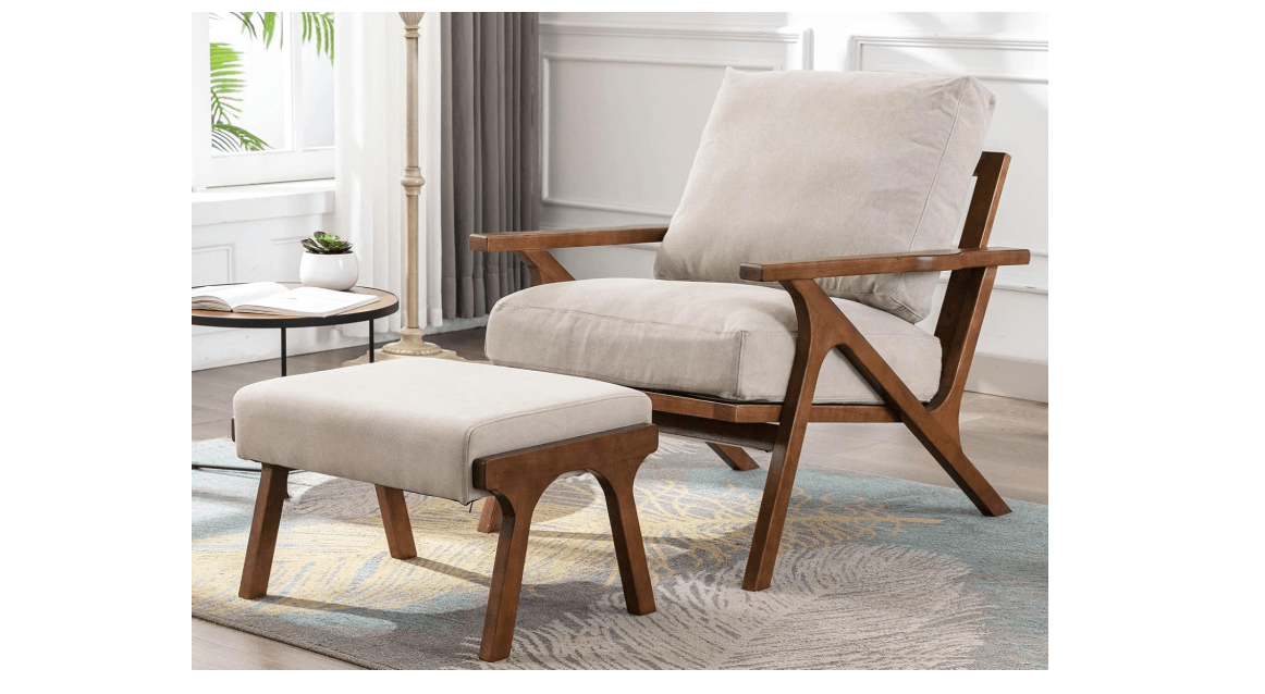 Mid Century Modern Accent Chair with Ottoman, Farmhouse Linen Upholstered Living Room Armchair and Ottoman Set, 23" Seat Wide Retro Leisure Lounge Chair...