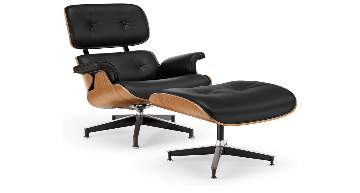 Top Black PU Leather, Mid Century Chaise Lounge Chair and Ottoman, Modern Chair Classic Design, Walnut Wood, Heavy Duty Base Support for Living Room Office
