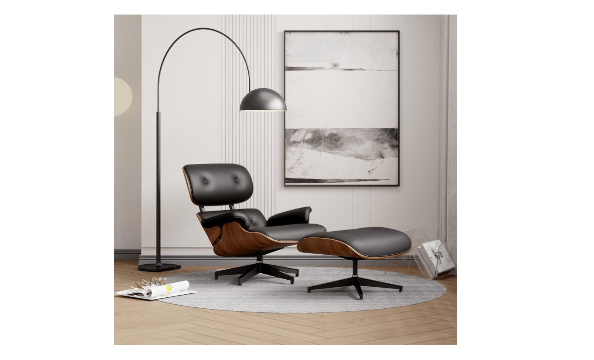 Genuine Leather Recliner Chair with Ottoman, Lounge Chair with Wide Armrest, Mid Century Accent Chair with Heavy Duty Base Support for Living Room Bedroom...