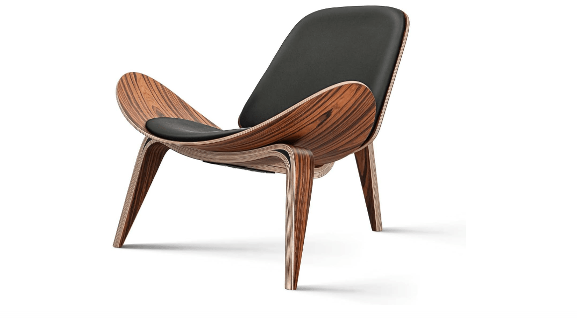 Furgle Mid Century Modern Shell Lounge Chair, PU Leather, Tripod Plywood Classic Design Solid Wood Accent Chairs for Living Room, Reading, Lounge, Office, Salon