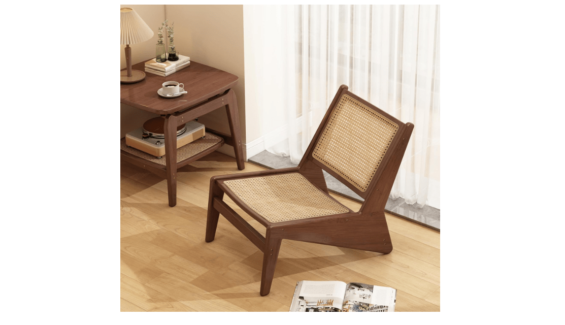 Furlide Mid-Century Accent Chair, Rattan Lounge Chair for Living Room, Boho Side Corner Comfy Chair for Bedroom and Balcony, Walnut