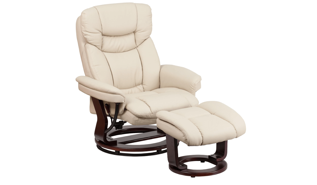 Flash Furniture Allie LeatherSoft Upholstered Recliner with Ottoman Footrest, Padded Swiveling Recliner Chair and Ottoman Set, Beige
