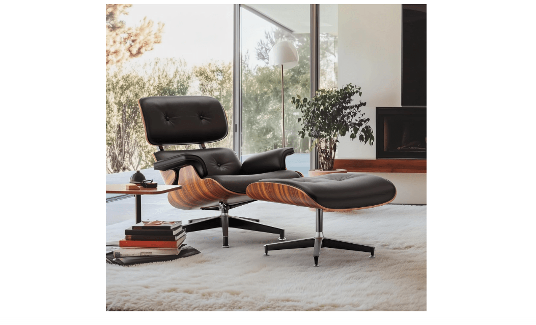 Top Black PU Leather, Mid Century Chaise Lounge Chair and Ottoman, Modern Chair Classic Design, Palisander Wood, Heavy Duty Base Support for Living Room Office