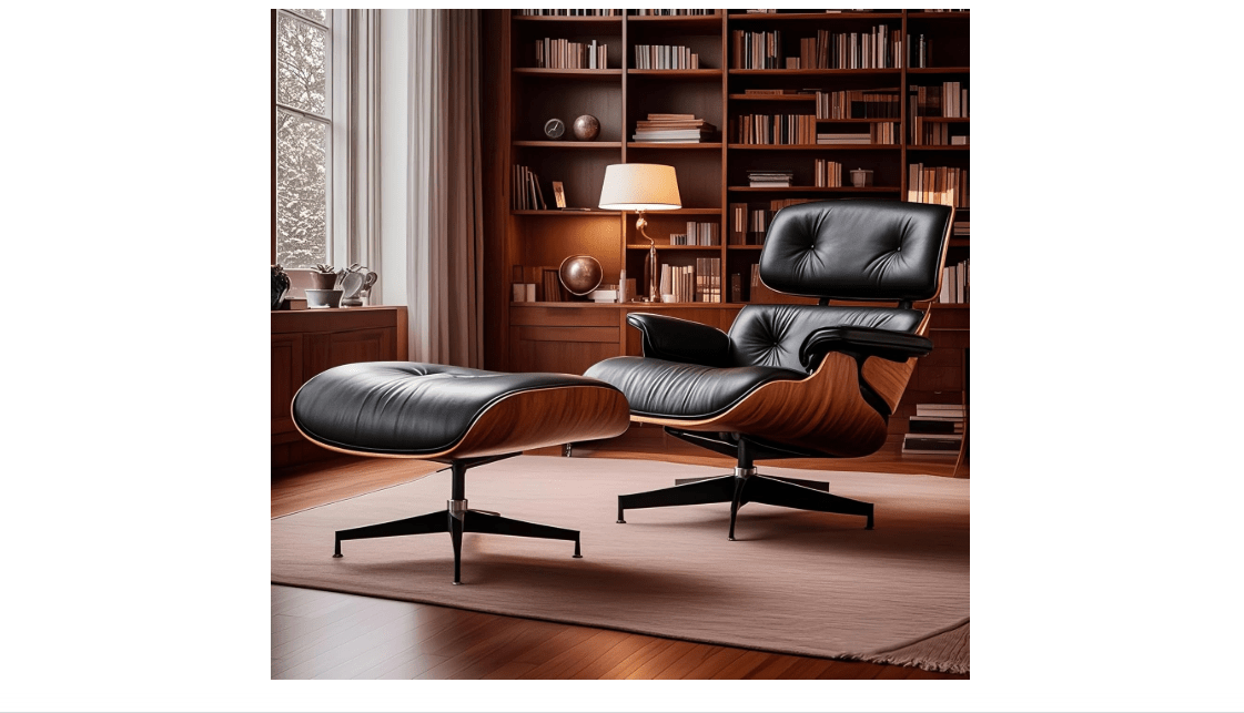 Top Black Grain Leather, Mid Century Chaise Lounge Chair and Ottoman, Modern Chair Classic Design, Heavy Duty Base Support for Living Room Study Lounge Office