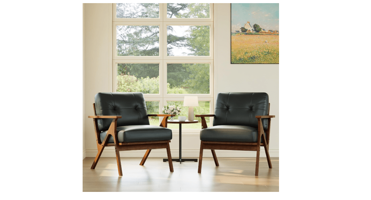 STHOUYN Black Leather Office Accent Chair Set of 2, Office Lounge Chair with Wooden Arms, Mid Century Modern Chair, Side Arm Chairs for Living Room, Comfy...