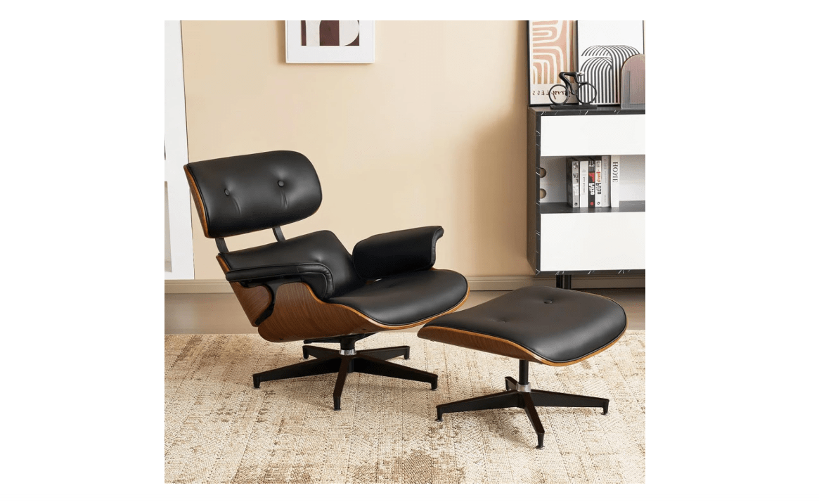 Mid Century Chaise Lounge Chair and Ottoman, Swivel Accent Chairs with Ottoman Set, PU Leather Modern Chair Classic Design Comfy Reading Chairs, Ergonomic...