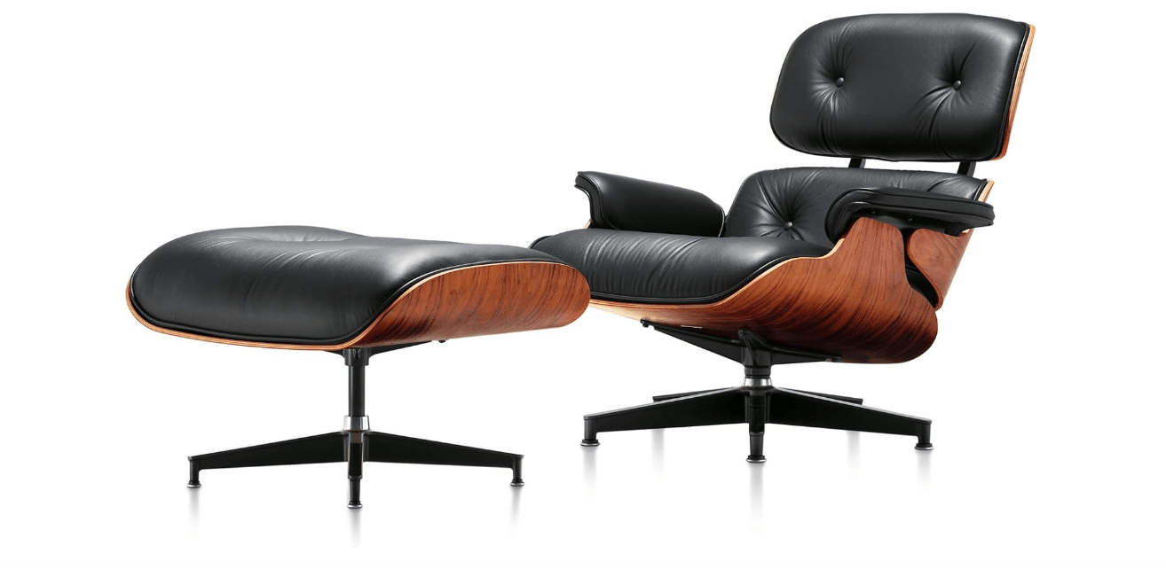 Mid Century Chaise Lounge Chair with Ottoman, Top Black Grain Leather, Modern Office Chair Classic Design, Heavy Duty Base Support for Living Room Study...