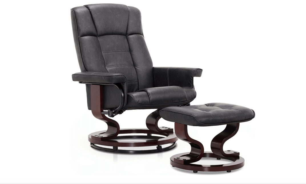 MCombo Manual Swivel Recliner with Ottoman, Chair Ottoman Set for RV Small Spaces, Living Room, Bedroom, Office 9019 4919 (Faux Leather, Dark Grey)