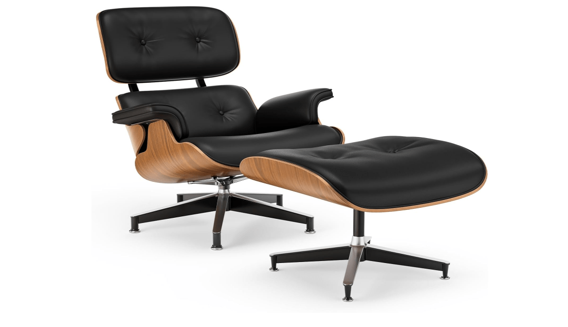 Top Black PU Leather, Mid Century Chaise Lounge Chair and Ottoman, Modern Chair Classic Design, Walnut Wood, Heavy Duty Base Support for Living Room Office