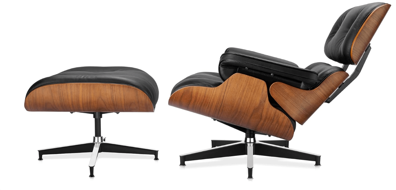 EWEESS Top Black Grain Leather, Mid Century Chaise Lounge Chair and Ottoman, Modern Chair Classic Design, Walnut Wood, Heavy Duty Base Support for Living...