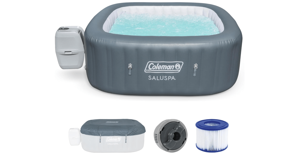 Coleman SaluSpa AirJet 4 to 6 Person Inflatable Hot Tub Square Portable Outdoor Spa with 140 Soothing AirJets and Insulated Cover, Gray
