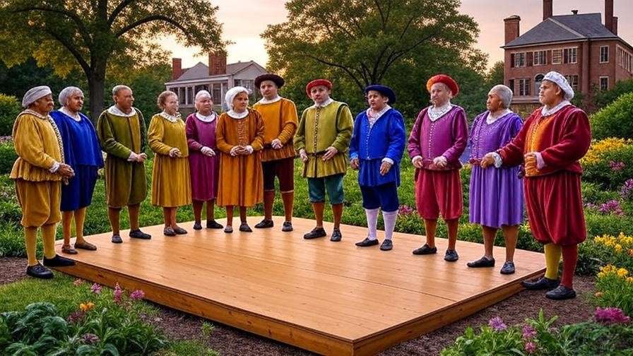 Seniors in Shakespearean costumes performing outdoors at Westminster Canterbury Richmond with lush gardens and Richmond skyline
