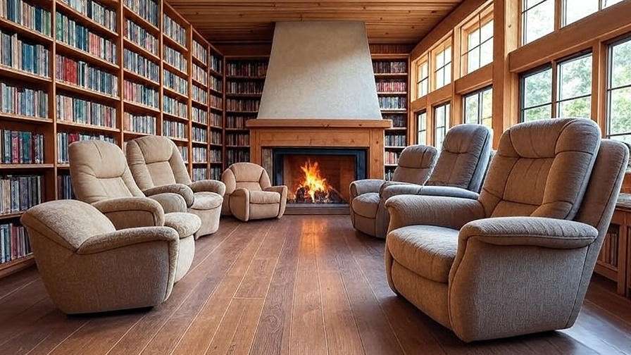 Cozy library interior at Glo Apartments with wooden shelves and fireplace