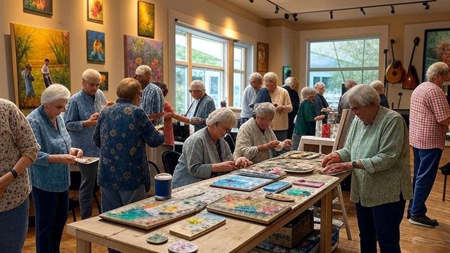 Seniors at a cultural event in Westminster Canterbury Richmond with artwork and instruments.
