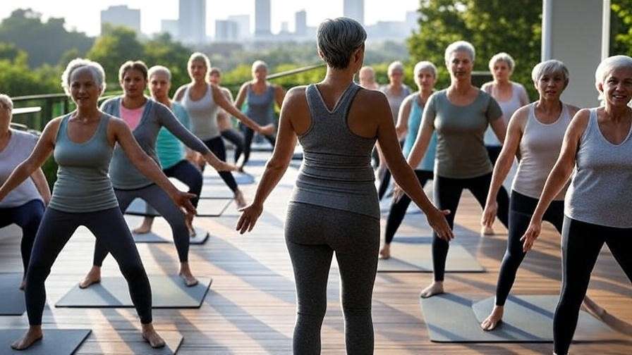 Seniors practicing yoga at Westminster Canterbury Richmond with Richmond skyline view.