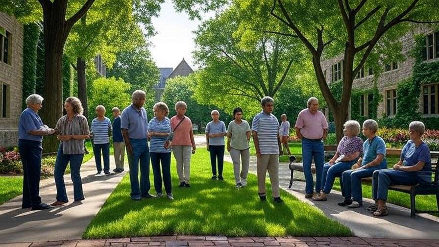 Families touring the elegant Westminster Canterbury Richmond campus with landscaped pathways.