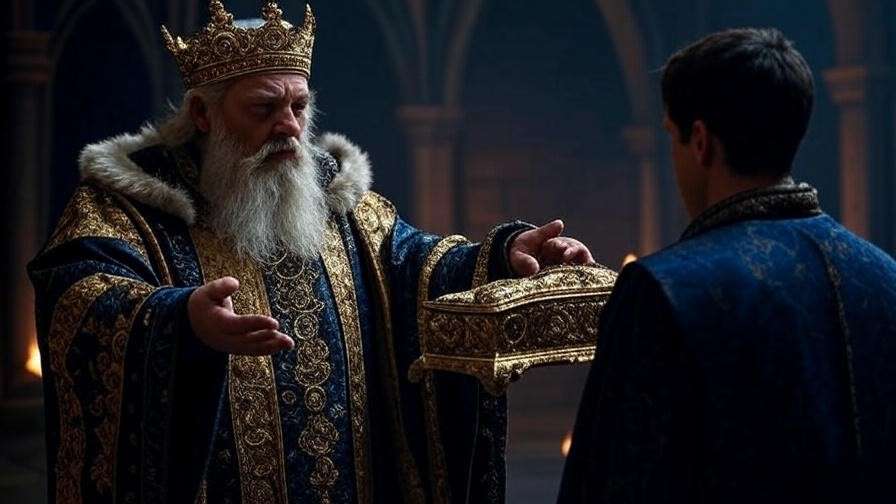 Medieval king handing over crown in a dramatic throne room scene from Shakespeare's Richard II