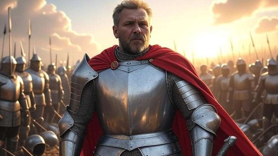Heroic medieval king on battlefield from Shakespeare's Henry V with victorious army