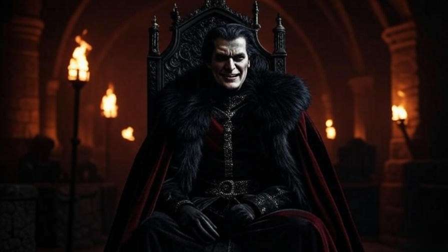 Sinister medieval king in dark castle from Shakespeare's Richard III