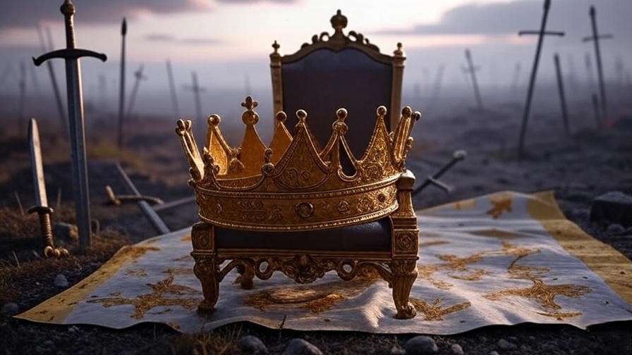 Symbolic crown and throne with broken swords from Shakespeare's medieval king themes
