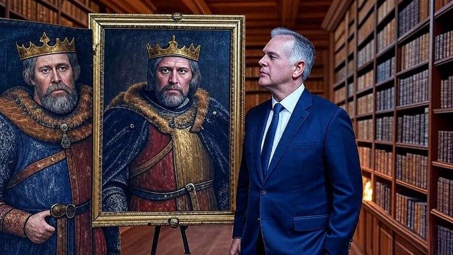 Modern leader with medieval king painting in library from Shakespeare's leadership lessons