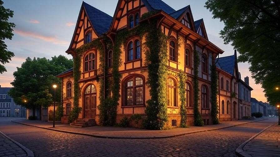 Elizabethan-style facade of Glo Apartments at dusk with ornate beams and ivy-covered walls.