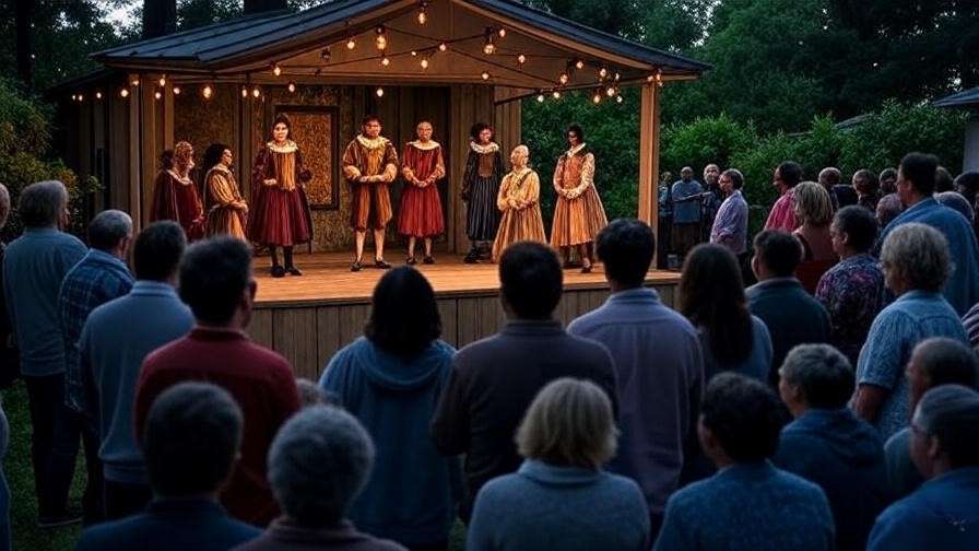 Outdoor Shakespearean play performance at Glo Apartments community garden.