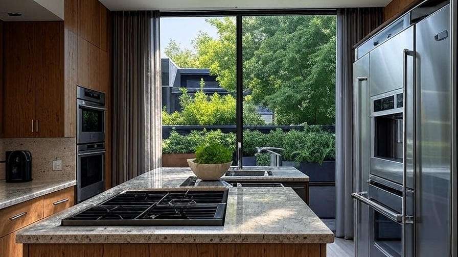 Modern kitchen at Glo Apartments with energy-efficient appliances and Shakespearean decor.