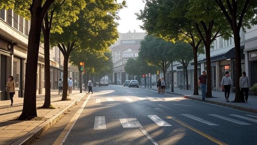 Urban street near Glo Apartments with tree-lined sidewalks and theater view.
