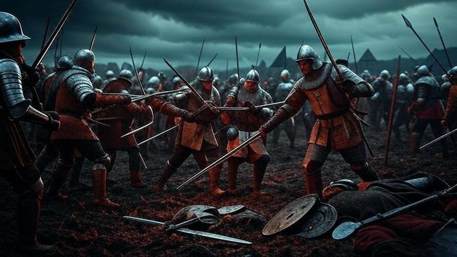 Medieval Battle of Agincourt with soldiers in armor under stormy sky, representing historical context of Henry V