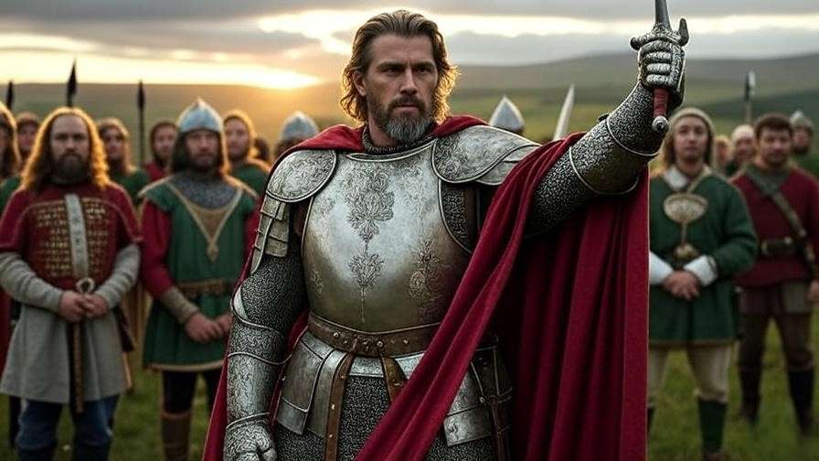 King Henry V with diverse soldiers in unified formation, symbolizing national identity in Shakespeare’s play.