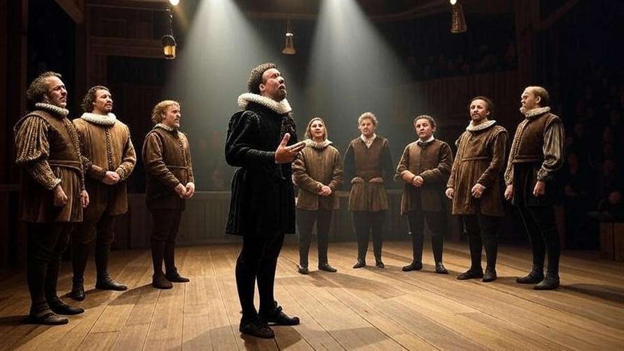 Theatrical performance of Henry V St Crispin’s Day speech, showcasing Shakespeare play adaptations.