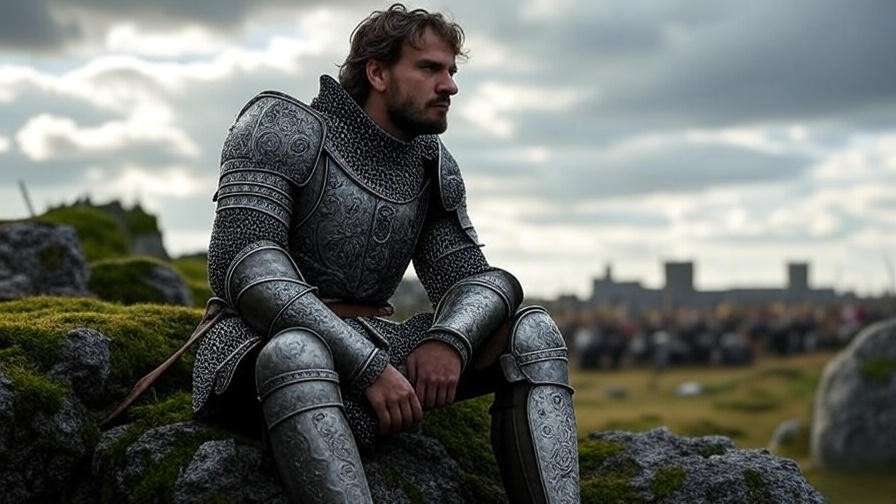 King Henry V in armor reflecting on leadership dilemmas in Shakespeare’s play
