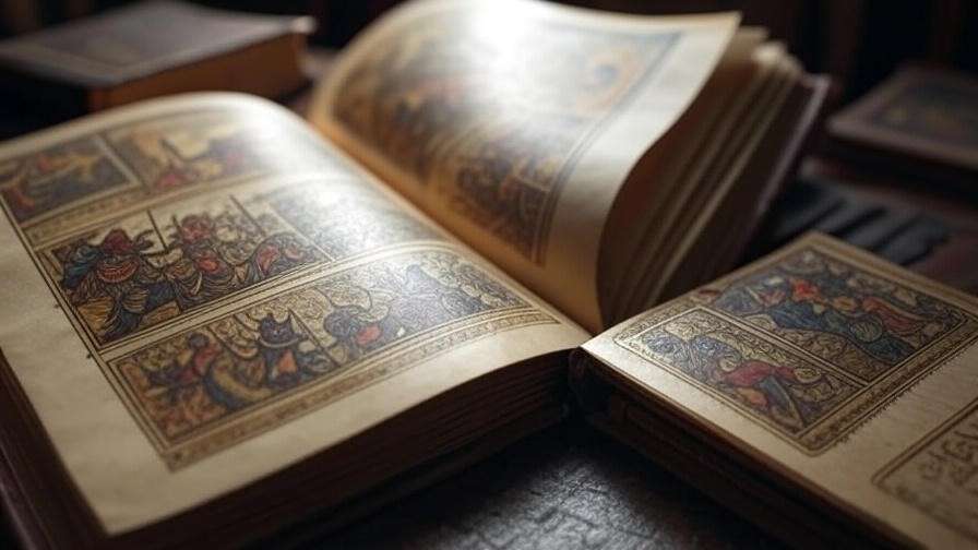 Ancient book with illuminated manuscripts depicting Henry V literary techniques