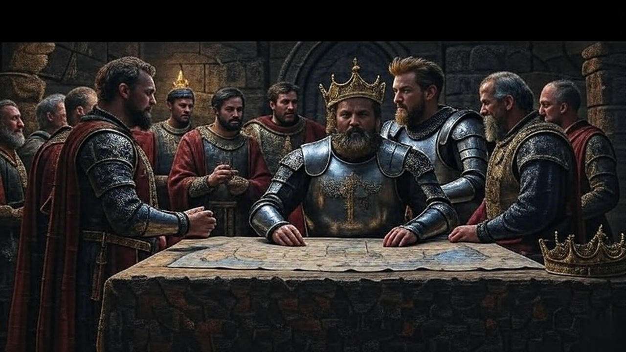 King Henry V in a throne room with advisors planning the claim to the French throne.