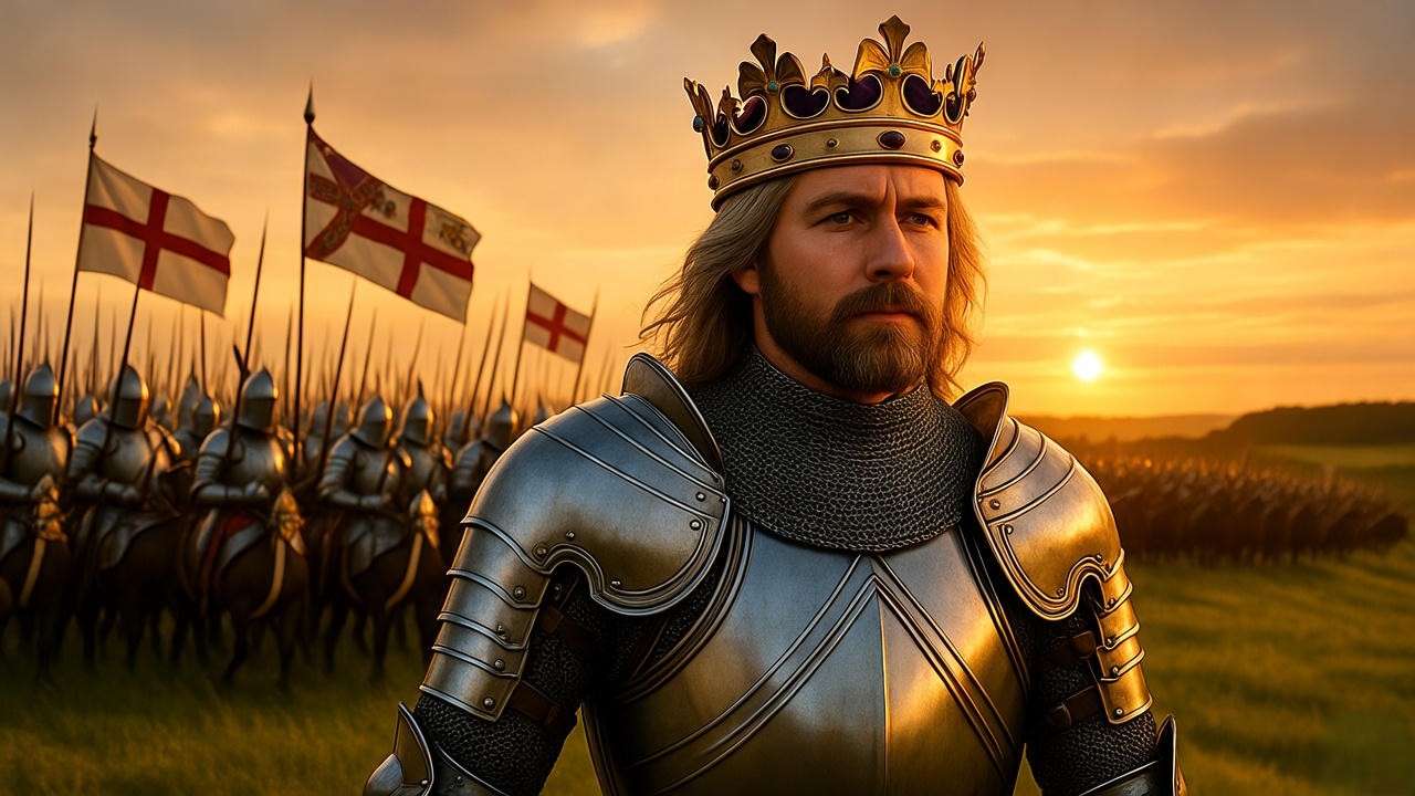 King Henry V symbolizing leadership and patriotism with army under a golden sunset