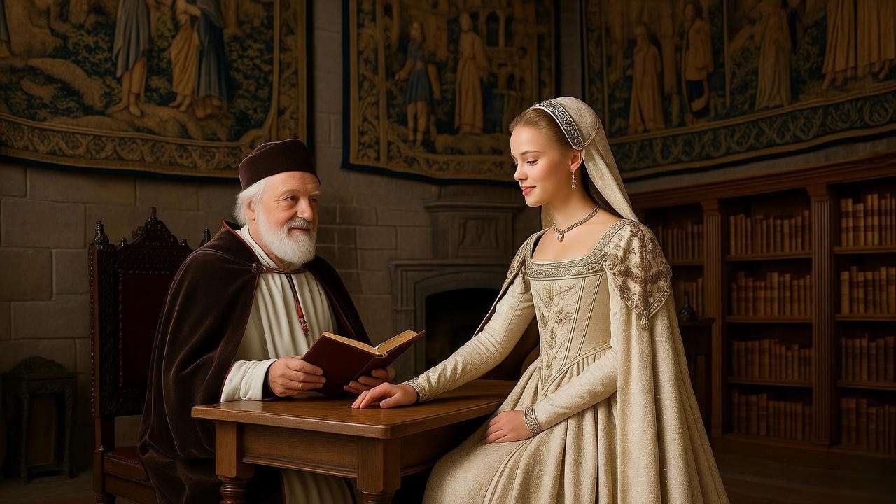 Princess Katherine learning English in a medieval room with a tutor