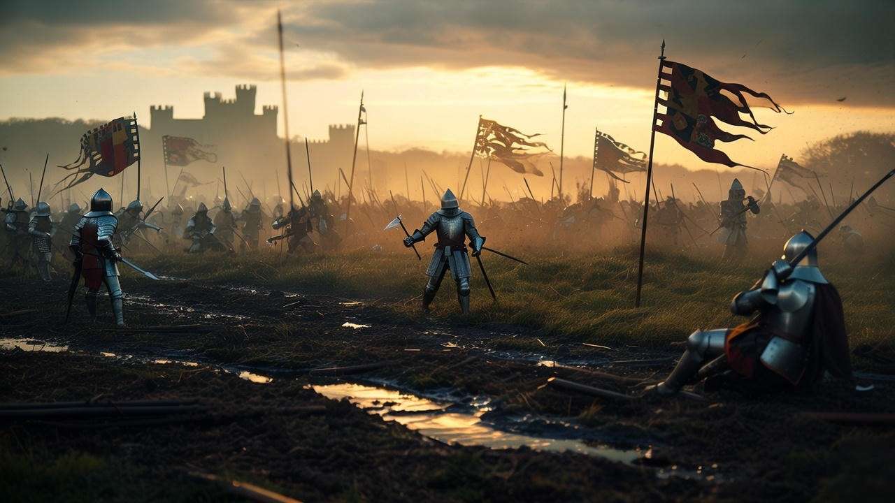 Medieval battlefield scene from the Hundred Years' War, reflecting Henry V's historical context in Shakespeare’s play.