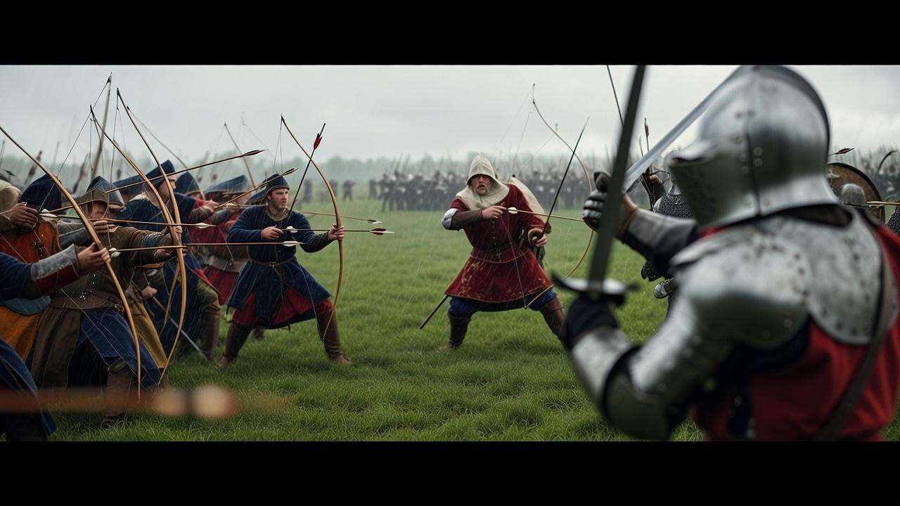 Dramatic depiction of the Battle of Agincourt from Shakespeare’s Henry V, showcasing the pivotal war scene