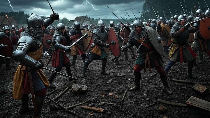 Battle of Agincourt scene with English and French soldiers clashing in medieval armor under a stormy sky