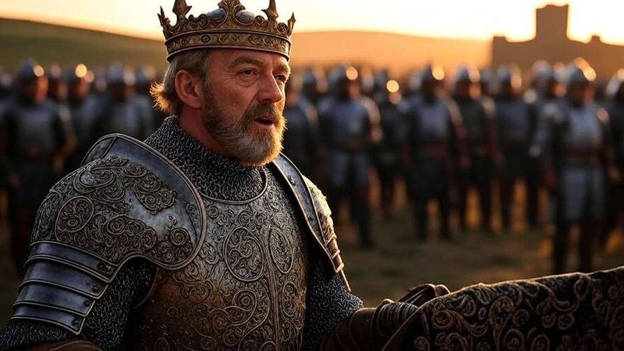 King Henry V in ornate armor inspiring troops with a sunrise medieval landscape backdrop