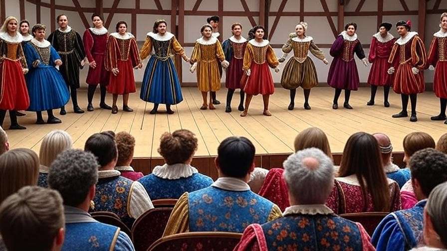 Globe Theatre stage with actors performing Henry V and Elizabethan audience.