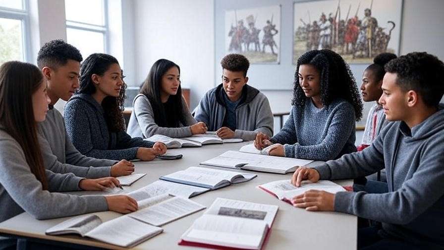 Students analyzing Henry V script in a modern classroom with historical visuals