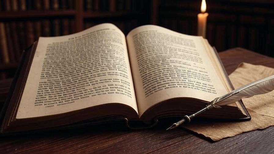 Close-up of annotated Henry V book with quill and parchment on a wooden desk